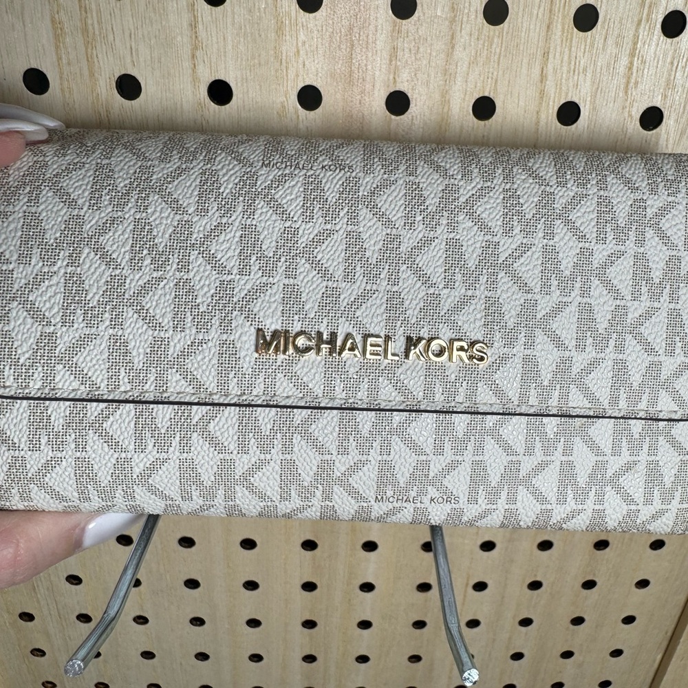 Michael Kors Beige Logo Continental Wallet with Gold Hardware